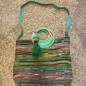 Green and Pink Striped Shoulder Bag with Tassels